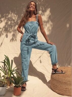 FREE PEOPLE Go West Open Back Denim Overalls Jumpsuit - S